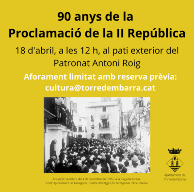 L’Ajuntament de Torredembarra commemora el 18 d’abril els 90 anys de la Proclamació de la II República