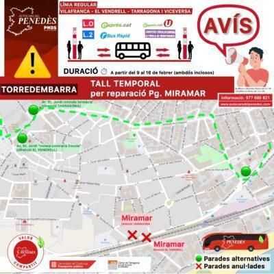 Les obres al passeig de Miramar obliguen a desviar el transport públic a Torredembarra